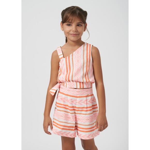 Girls Mayoral One Shoulder Top & Shorts Set Pink Orange Striped Outfit 10 - Picture 1 of 10